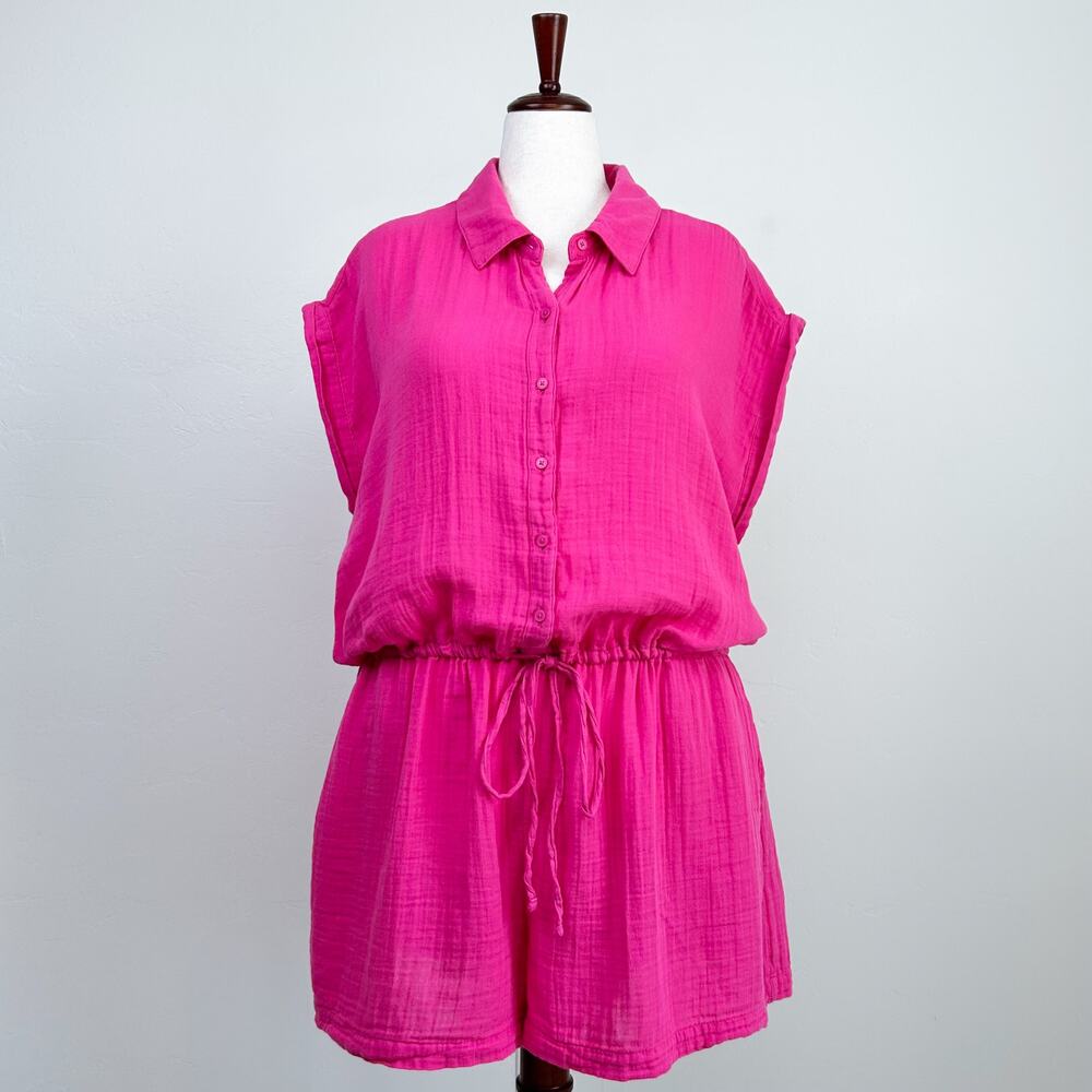 Old Navy XXL Bright Pink 100% Cotton Gauze Button-Up Collared Romper NWT - Picture 2 of 10